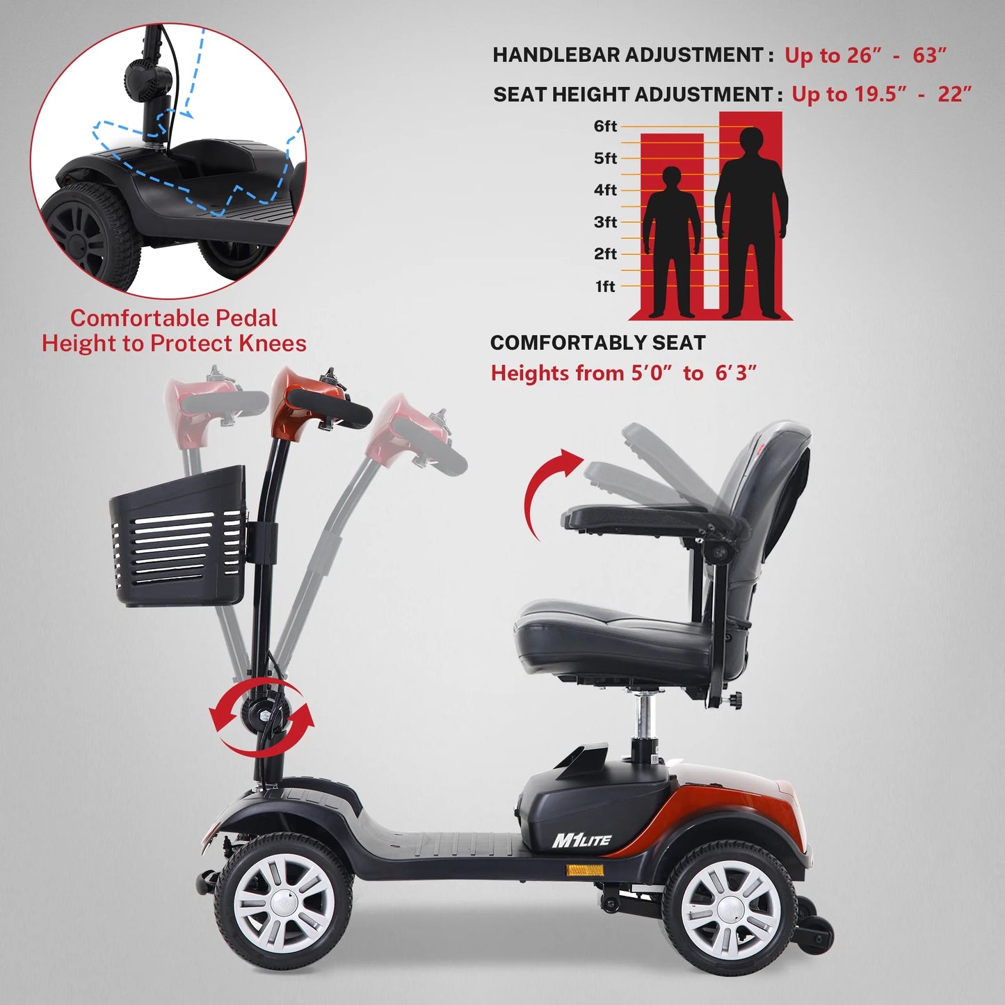 WALKSPACE Mobility Scooter for Seniors, Heavy Duty Electric Powered Mobile 4 Wheels Scooter for Travel, Best Gift for Elderly, 265LBS, Red