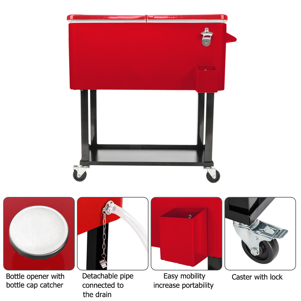 WALKSPACE Rolling Cooler Cart, 80 Quart Ice Chest for Outdoor Patio Deck Party, Portable Party Bar Cold Drink Beverage Cart Tub, Backyard Cooler Trolley on Wheels with Shelf, Bottle Opener - Red