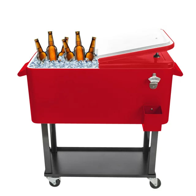 WALKSPACE Rolling Cooler Cart, 80 Quart Ice Chest for Outdoor Patio Deck Party, Portable Party Bar Cold Drink Beverage Cart Tub, Backyard Cooler Trolley on Wheels with Shelf, Bottle Opener - Red