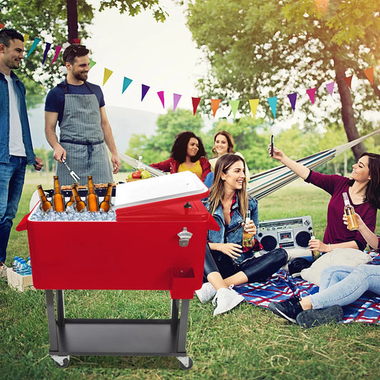 WALKSPACE Rolling Cooler Cart, 80 Quart Ice Chest for Outdoor Patio Deck Party, Portable Party Bar Cold Drink Beverage Cart Tub, Backyard Cooler Trolley on Wheels with Shelf, Bottle Opener - Red