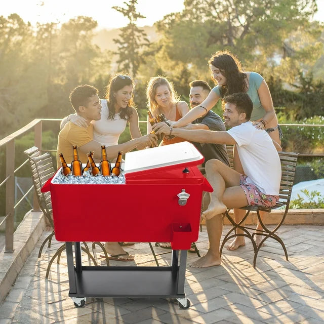 WALKSPACE Rolling Cooler Cart, 80 Quart Ice Chest for Outdoor Patio Deck Party, Portable Party Bar Cold Drink Beverage Cart Tub, Backyard Cooler Trolley on Wheels with Shelf, Bottle Opener - Red